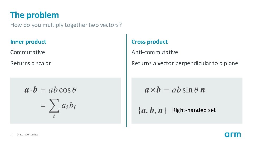 The problem How do you multiply together two vectors? Inner product Cross product Commutative