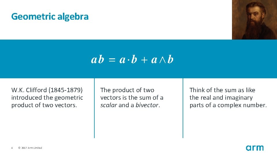 Geometric algebra W. K. Clifford (1845 -1879) introduced the geometric product of two vectors.