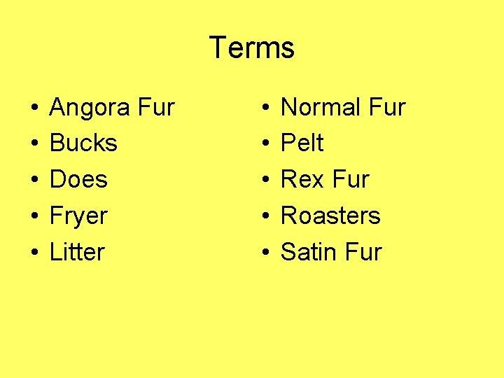 Terms • • • Angora Fur Bucks Does Fryer Litter • • • Normal