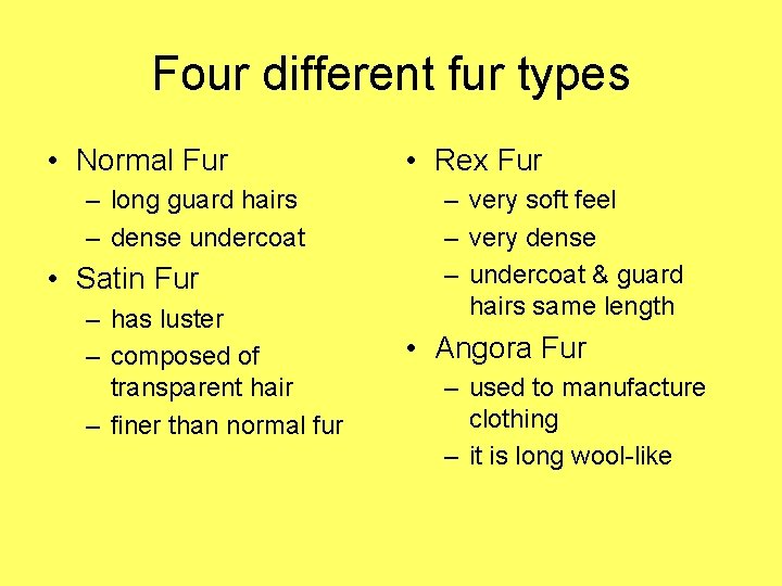 Four different fur types • Normal Fur – long guard hairs – dense undercoat