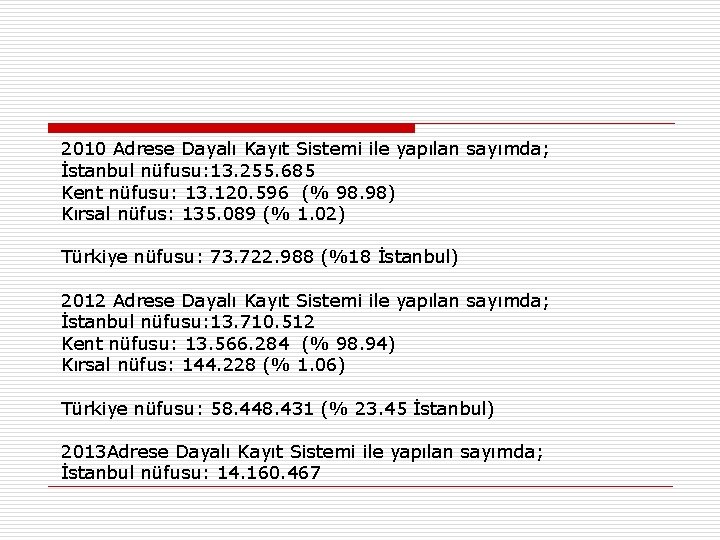 2010 Adrese Dayalı Kayıt Sistemi ile yapılan sayımda; İstanbul nüfusu: 13. 255. 685 Kent