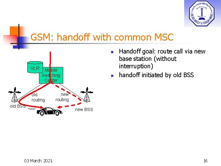 GSM: handoff with common MSC n VLR Mobile Switching Center old routing old BSS