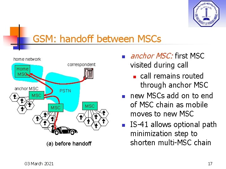 GSM: handoff between MSCs n home network correspondent Home MSC anchor MSC PSTN MSC