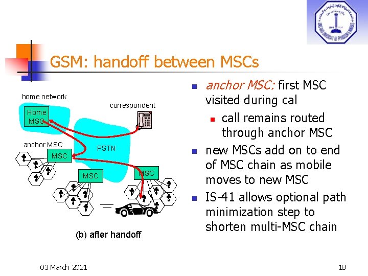 GSM: handoff between MSCs n home network correspondent Home MSC anchor MSC PSTN MSC