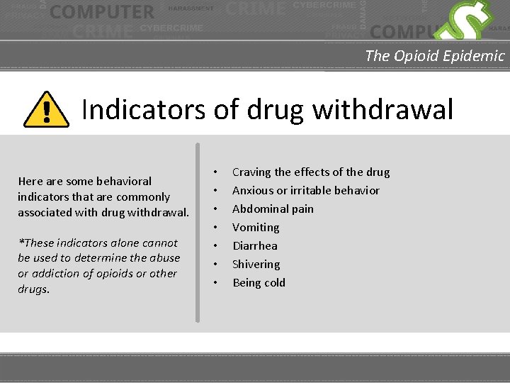 The Opioid Epidemic Indicators of drug withdrawal Here are some behavioral indicators that are