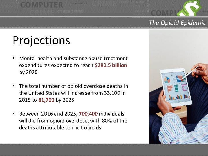 The Opioid Epidemic Projections • Mental health and substance abuse treatment expenditures expected to