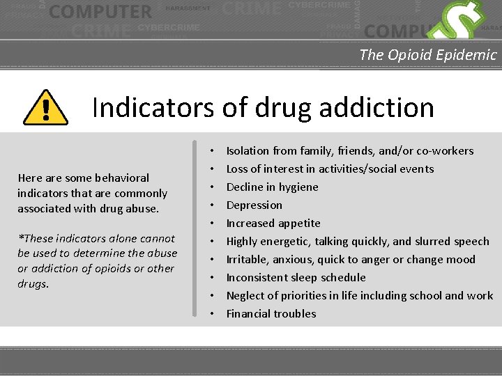The Opioid Epidemic Indicators of drug addiction Here are some behavioral indicators that are
