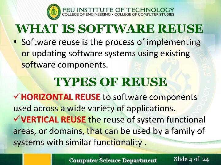WHAT IS SOFTWARE REUSE • Software reuse is the process of implementing or updating WHAT IS SOFTWARE REUSE • Software reuse is the process of implementing or updating