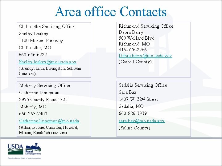 Area office Contacts Chillicothe Servicing Office Shelby Leakey 1100 Morton Parkway Chillicothe, MO 660