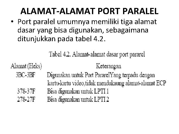 ALAMAT-ALAMAT PORT PARALEL • Port paralel umumnya memiliki tiga alamat dasar yang bisa digunakan,