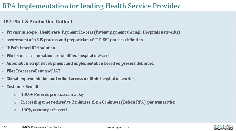 RPA Implementation for leading Health Service Provider RPA Pilot & Production Rollout • Process
