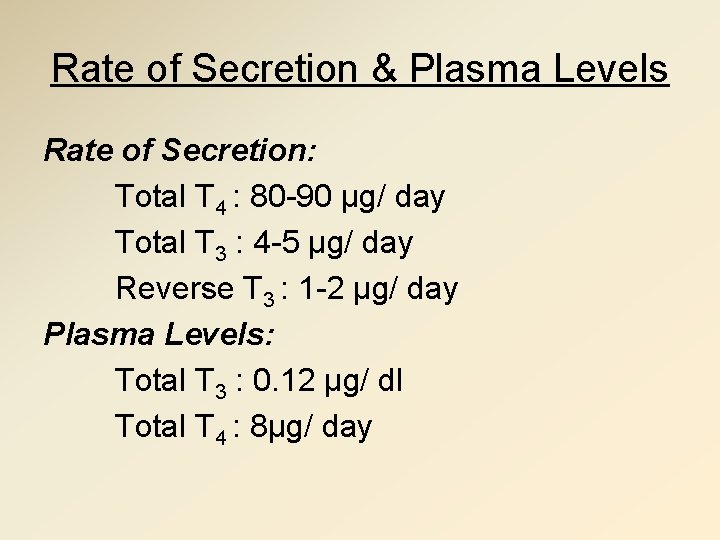 Rate of Secretion & Plasma Levels Rate of Secretion: Total T 4 : 80