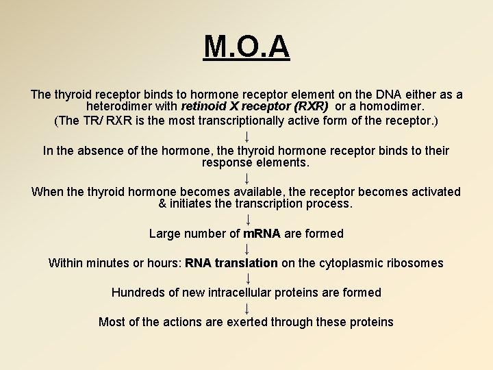 M. O. A The thyroid receptor binds to hormone receptor element on the DNA