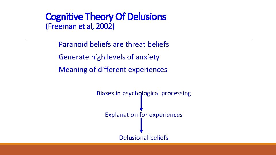 Cognitive Theory Of Delusions (Freeman et al, 2002) Paranoid beliefs are threat beliefs Generate