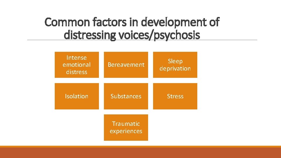 Common factors in development of distressing voices/psychosis Intense emotional distress Bereavement Sleep deprivation Isolation