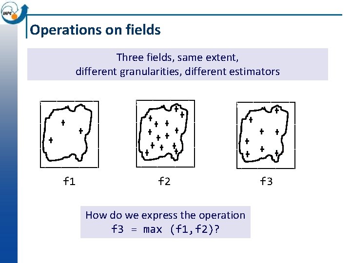 Operations on fields Three fields, same extent, different granularities, different estimators • • f