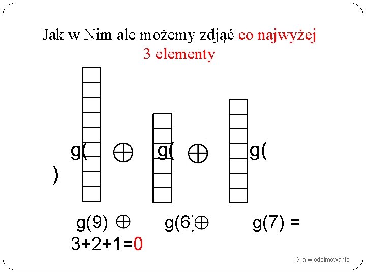 Jak w Nim ale możemy zdjąć co najwyżej 3 elementy g( ) g(9) 3+2+1=0