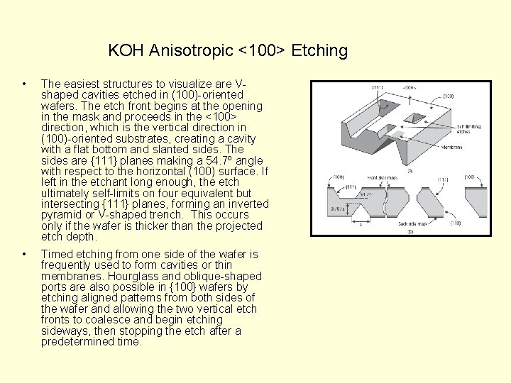 KOH Anisotropic <100> Etching • The easiest structures to visualize are Vshaped cavities etched