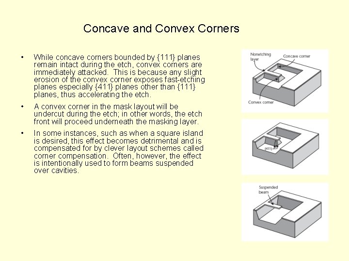 Concave and Convex Corners • While concave corners bounded by {111} planes remain intact