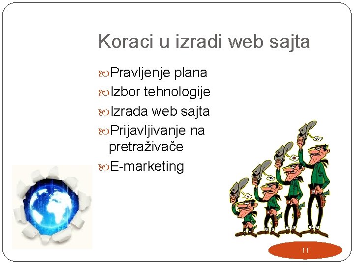 Koraci u izradi web sajta Pravljenje plana Izbor tehnologije Izrada web sajta Prijavljivanje na Koraci u izradi web sajta Pravljenje plana Izbor tehnologije Izrada web sajta Prijavljivanje na