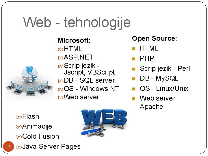 Web - tehnologije Microsoft: HTML ASP. NET Scrip jezik Jscript, VBScript DB - SQL