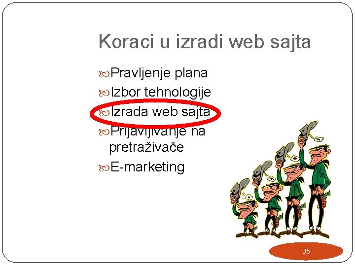 Koraci u izradi web sajta Pravljenje plana Izbor tehnologije Izrada web sajta Prijavljivanje na