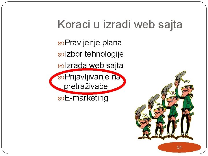 Koraci u izradi web sajta Pravljenje plana Izbor tehnologije Izrada web sajta Prijavljivanje na