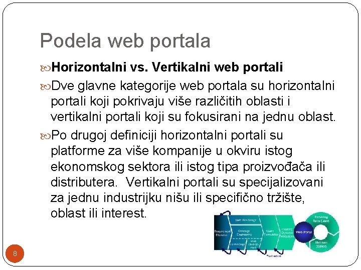 Podela web portala Horizontalni vs. Vertikalni web portali Dve glavne kategorije web portala su