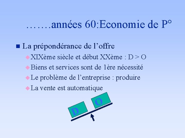 ……. années 60: Economie de P° n La prépondérance de l’offre u XIXème siècle