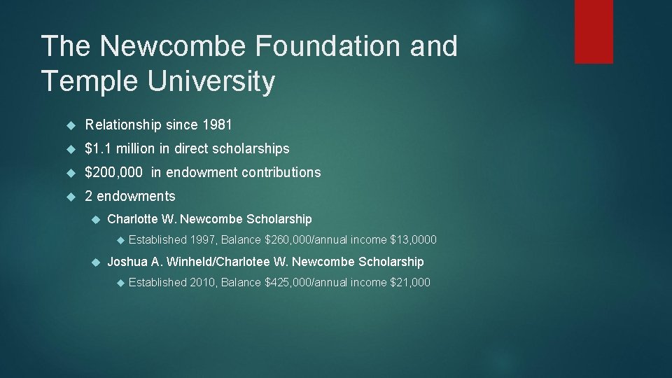 The Newcombe Foundation and Temple University Relationship since 1981 $1. 1 million in direct