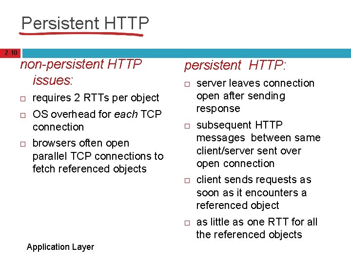 Persistent HTTP 2 -10 non-persistent HTTP issues: persistent HTTP: requires 2 RTTs per object