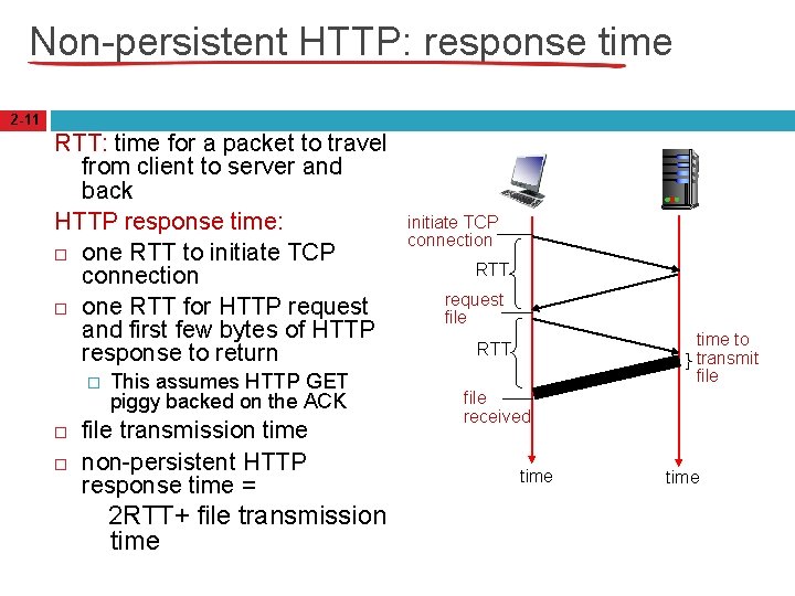 Non-persistent HTTP: response time 2 -11 RTT: time for a packet to travel from