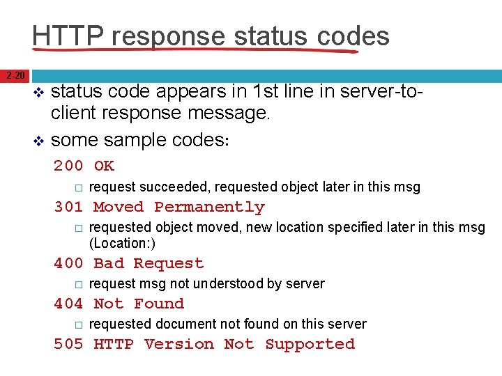 HTTP response status codes 2 -20 status code appears in 1 st line in