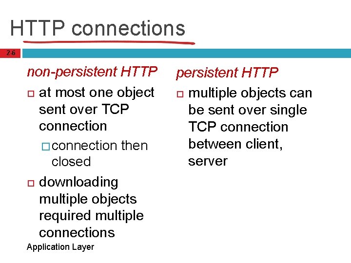 HTTP connections 2 -6 non-persistent HTTP at most one object sent over TCP connection