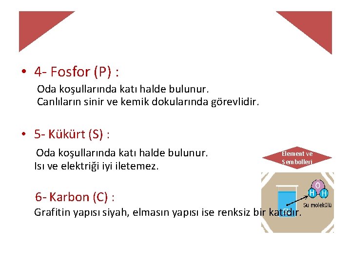  • 4 - Fosfor (P) : Oda koşullarında katı halde bulunur. Canlıların sinir