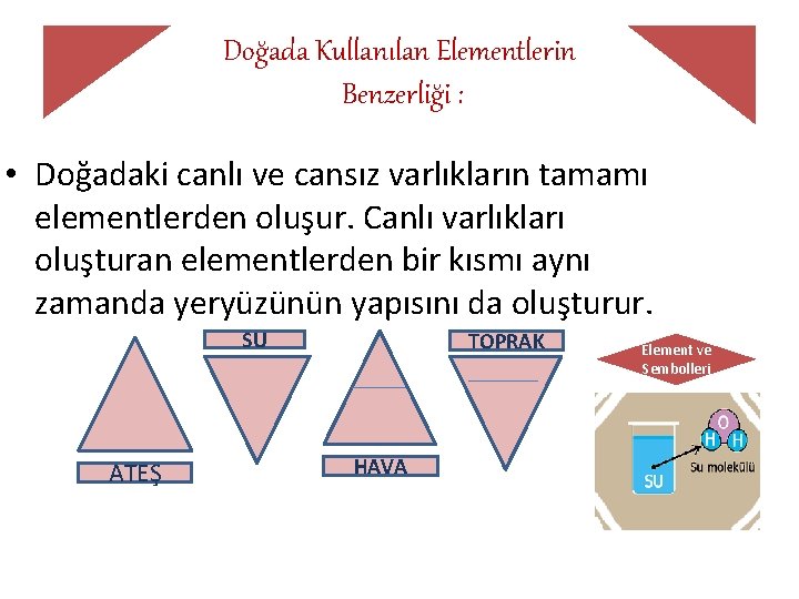 Doğada Kullanılan Elementlerin Benzerliği : • Doğadaki canlı ve cansız varlıkların tamamı elementlerden oluşur.