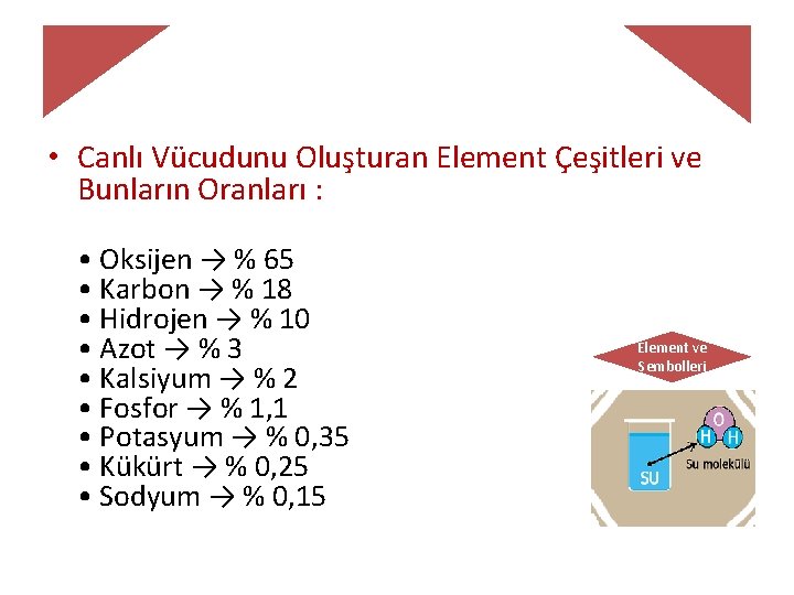  • Canlı Vücudunu Oluşturan Element Çeşitleri ve Bunların Oranları : • Oksijen →