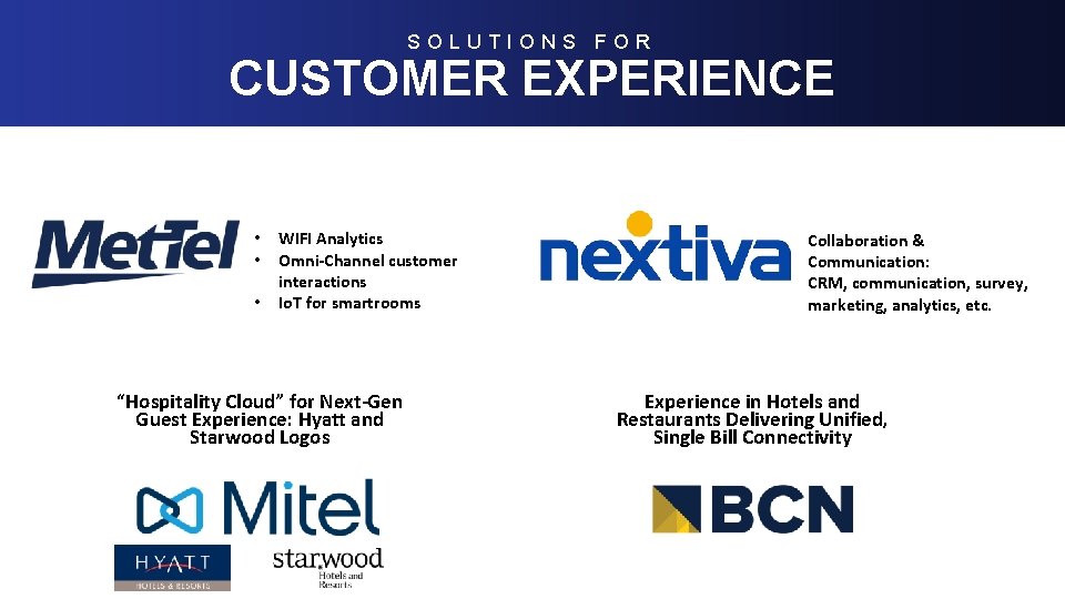 SOLUTIONS FOR CUSTOMER EXPERIENCE • • • WIFI Analytics Omni-Channel customer interactions Io. T