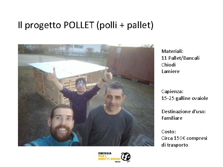 Il progetto POLLET (polli + pallet) Materiali: 11 Pallet/Bancali Chiodi Lamiere Capienza: 15 -25