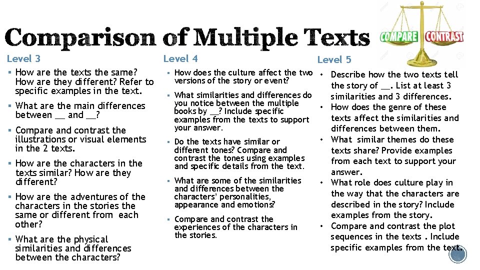 Level 3 § How are the texts the same? How are they different? Refer