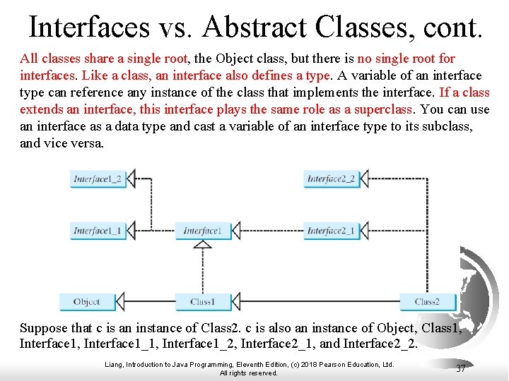 Interfaces vs. Abstract Classes, cont. All classes share a single root, the Object class,