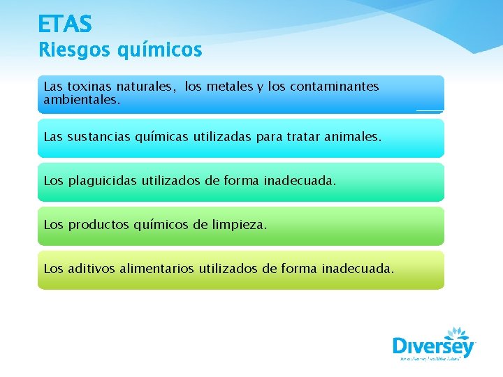 ETAS Riesgos químicos Las toxinas naturales, los metales y los contaminantes ambientales. Las sustancias