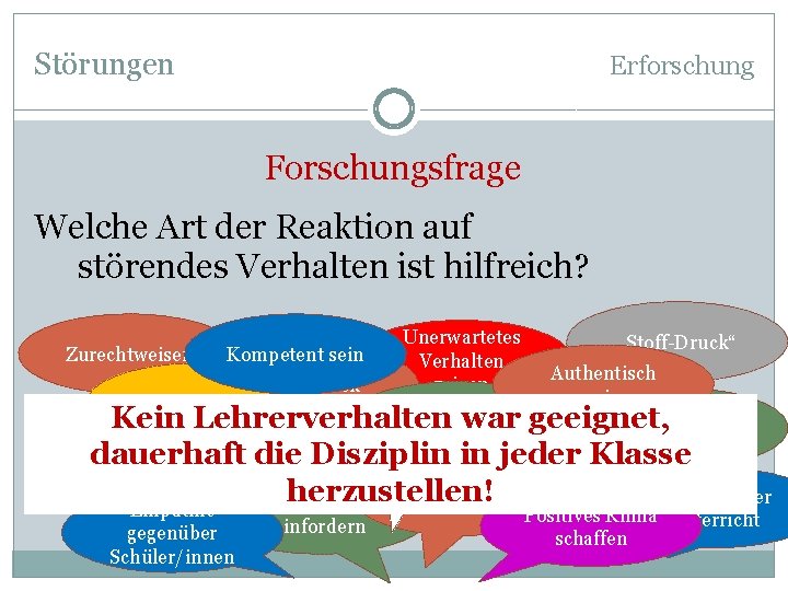 Störungen Erforschung Forschungsfrage Welche Art der Reaktion auf störendes Verhalten ist hilfreich? Unerwartetes „Stoff-Druck“