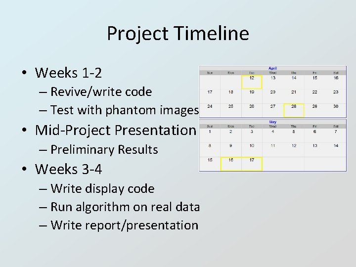 Project Timeline • Weeks 1 -2 – Revive/write code – Test with phantom images