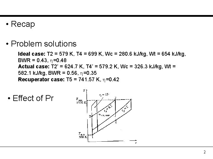  • Recap • Problem solutions Ideal case: T 2 = 579 K, T