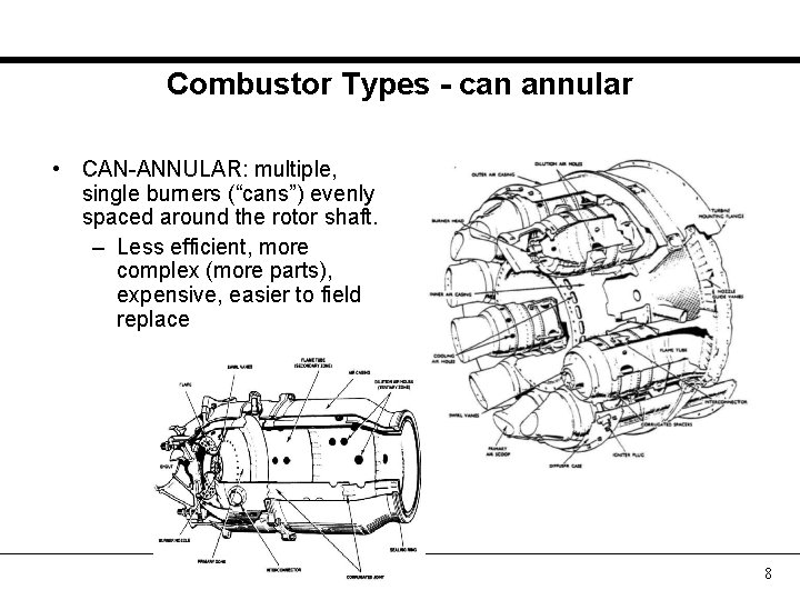 Combustor Types - can annular • CAN-ANNULAR: multiple, single burners (“cans”) evenly spaced around