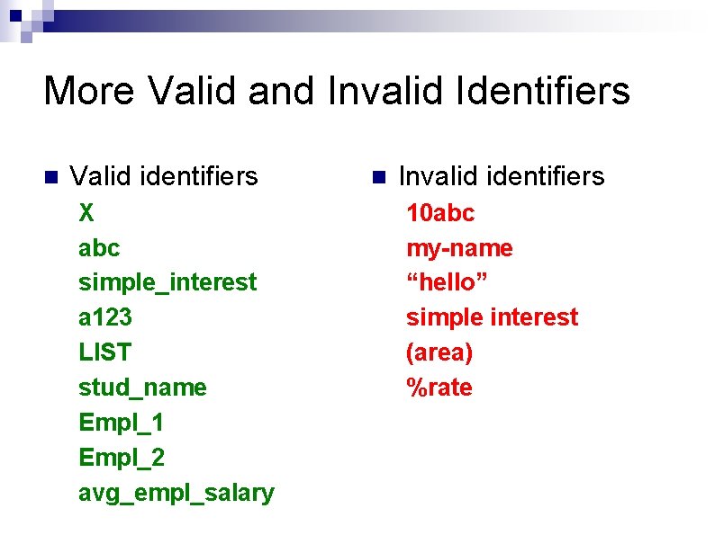 More Valid and Invalid Identifiers n Valid identifiers X abc simple_interest a 123 LIST