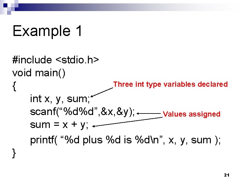 Example 1 #include <stdio. h> void main() Three int type variables declared { int