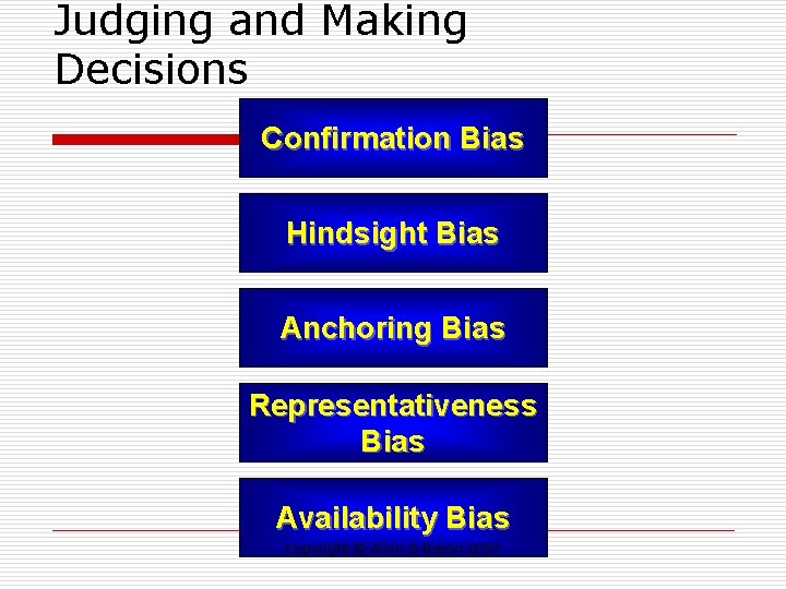 Judging and Making Decisions Confirmation Bias Hindsight Bias Anchoring Bias Representativeness Bias Availability Bias