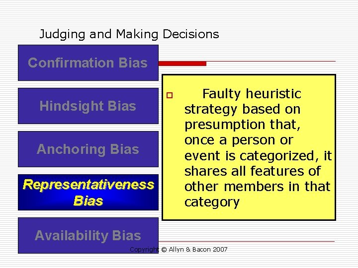 Judging and Making Decisions Confirmation Bias Hindsight Bias Anchoring Bias Representativeness Bias o Faulty